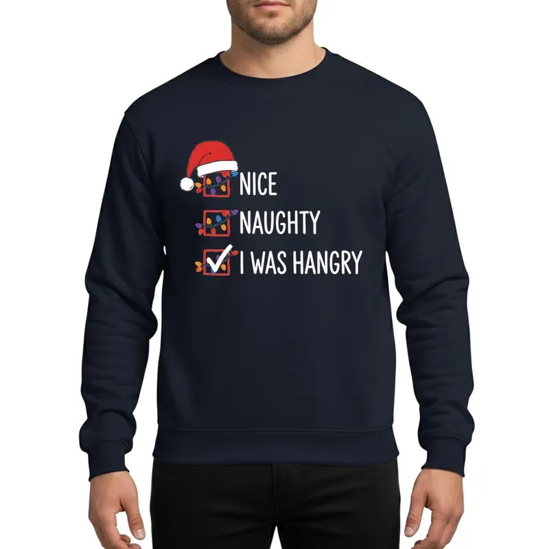 Humorous Holiday Enthusiasts' Hand-Drawn Santa Hat Nice Naughty Hangry Christmas Light Checkbox Design Sweatshirt - 1
