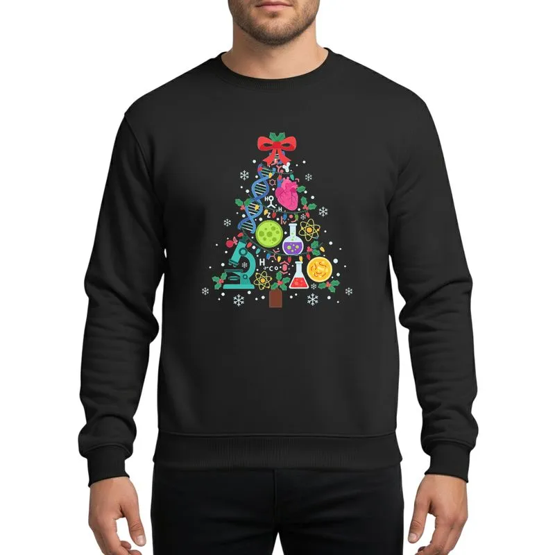 Science Lovers' Festive Biology Christmas Tree DNA Microscope Heart Lab Elements Sweatshirt - 1