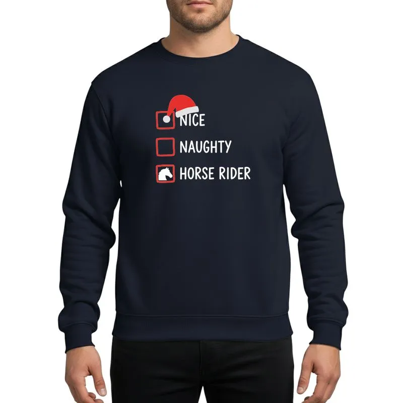 Horse Riders' Whimsical Nice Naughty Christmas Checklist Red Santa Hat White Horse Head Sweatshirt - 1