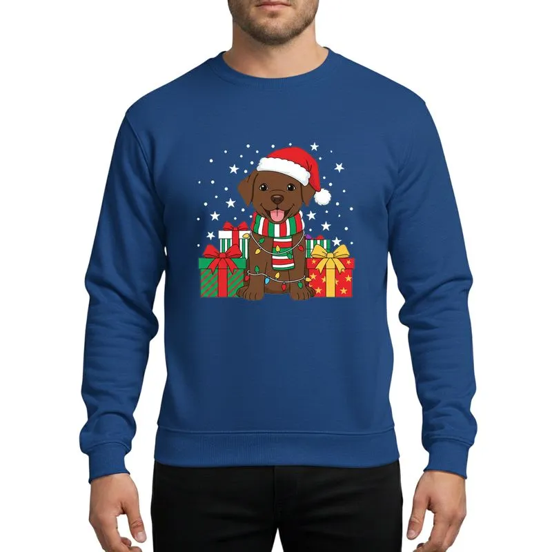 Chocolate Lab Lovers' Cheerful Puppy Red Green Christmas Lights Striped Scarf Gifts White Stars Sweatshirt - 1