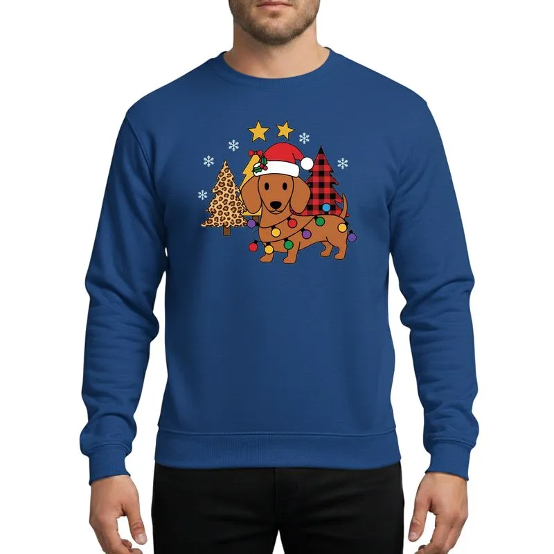 Dachshund Lovers' Playful Warm Brown Dachshund Red Santa Hat Tangled Christmas Lights Buffalo Plaid Gold Leopard Trees Sweatshirt - 1
