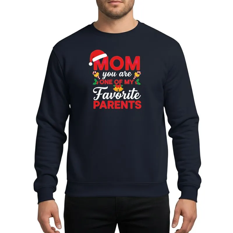 Mothers' Festive Red Santa Hat Candy Cane Holly 'MOM Favorite PARENTS' Vintage Illustrative Holiday Design Sweatshirt - 1