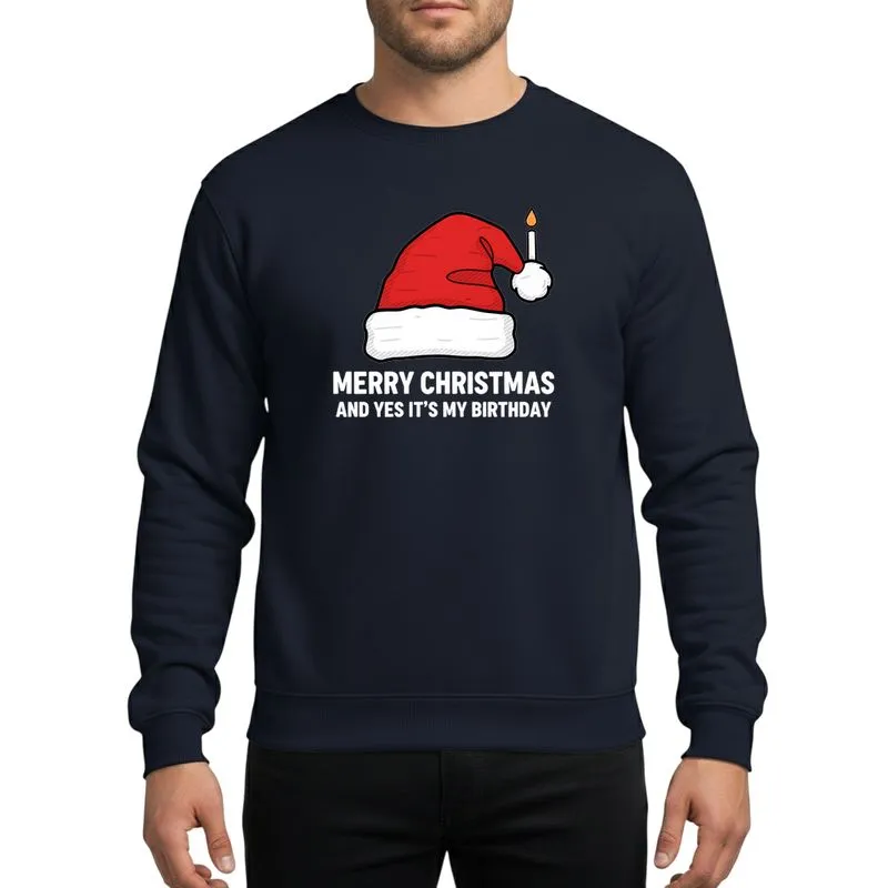 Christmas Birthday Celebrators' Vivid Red Santa Hat, White Candle, Bold Sans-Serif Dual Celebration Design Sweatshirt - 1
