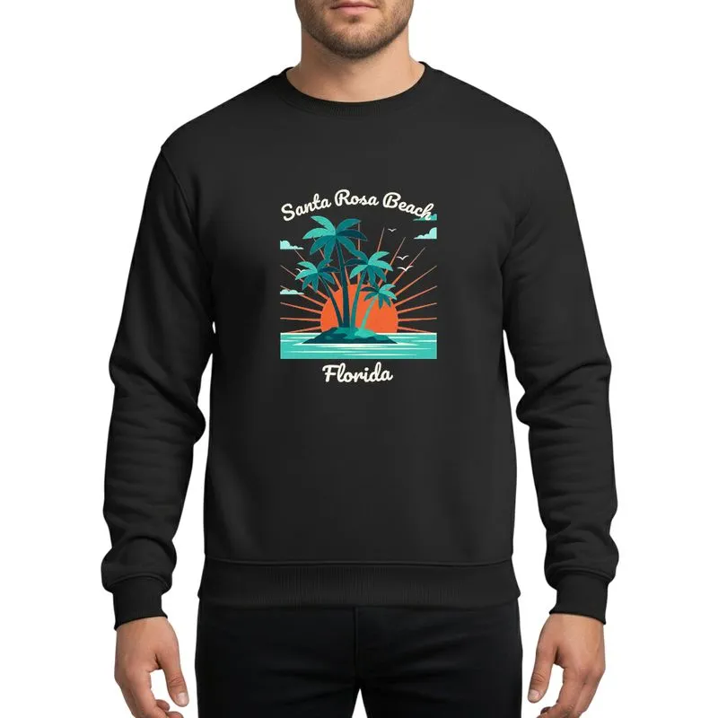 Beach Lovers' Retro Distressed Santa Rosa Beach Florida Teal Aqua Sunset Palm Tree Graphic Sweatshirt - 1