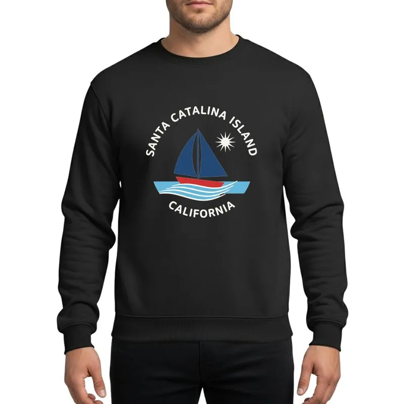 Coastal Enthusiasts' White Retro Vintage Flat Vector Sailboat Santa Catalina Island California Arch Script Graphic Sweatshirt - 1