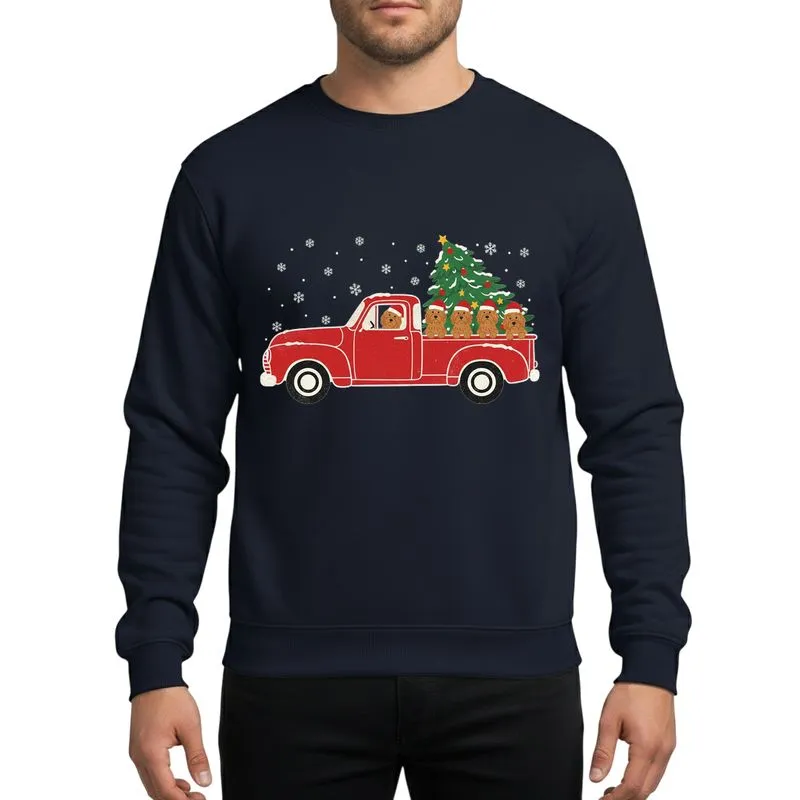 Dog Parents' Distressed Vintage Red Pickup Truck with Four Golden-Brown Doodle Dogs Festive Snow Scene Sweatshirt - 1