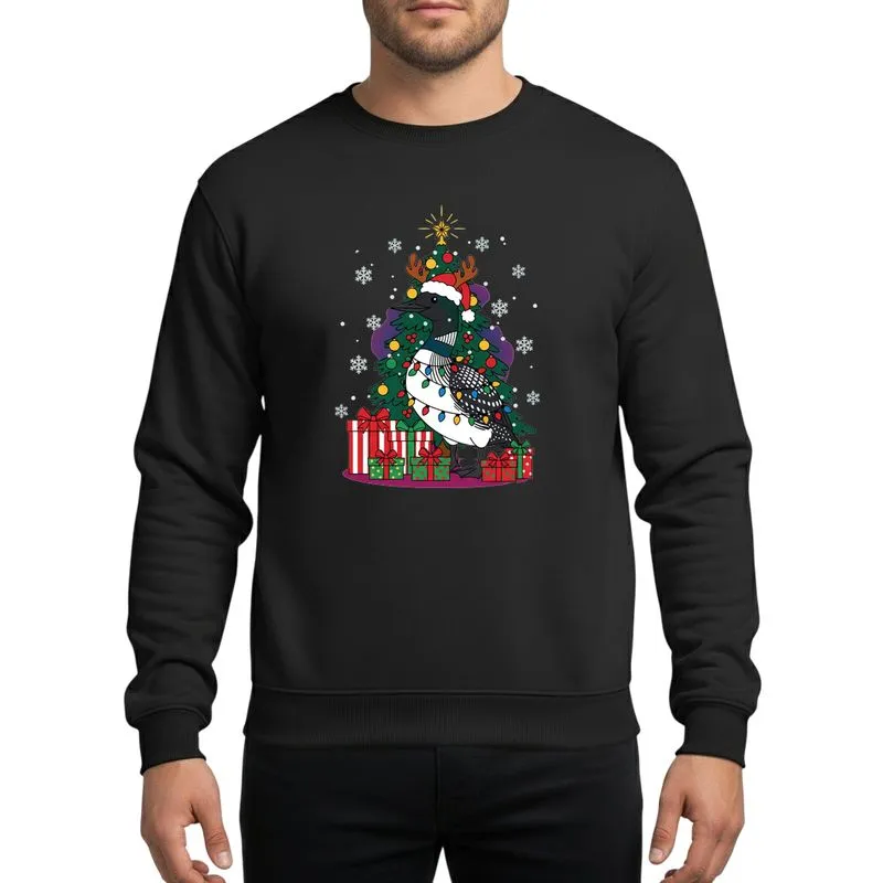 Christmas Enthusiasts' Whimsical Loon Red Green Blue Lights Santa Hat Antlers Gifts Tree Snowflakes Sweatshirt - 1