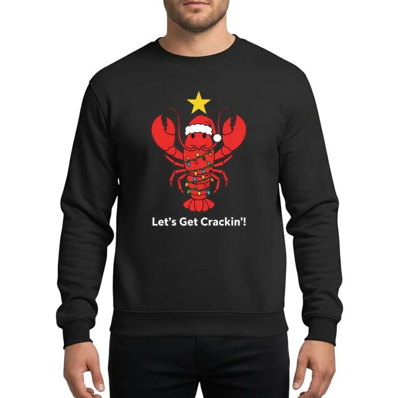 Christmas Partygoers' Vibrant Red Lobster Santa Hat Multi-Color Lights 'Let's Get Crackin'! Sweatshirt - 1