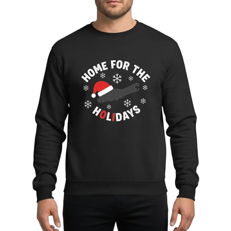 Long Island Lovers' Rustic Dark Grey Map with Red Santa Hat, White 'Home for the Holidays' Text & Snowflakes Sweatshirt - 1