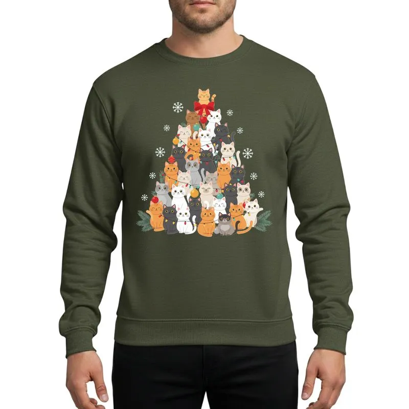 Cat Lovers' Whimsical Multi-Color Feline Christmas Tree Colorful Lights Ornaments Snowflakes Sweatshirt - 1