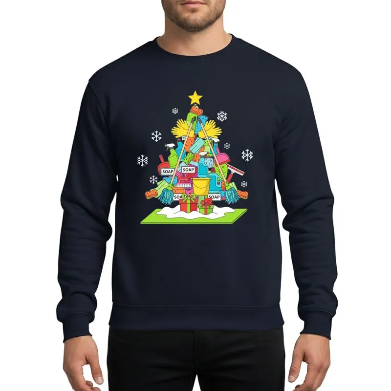 School Custodian Vibrant Cleaning Supply Christmas Tree Flat Art with Golden Star, Wrapped Gifts, & Snowflakes Sweatshirt - 1