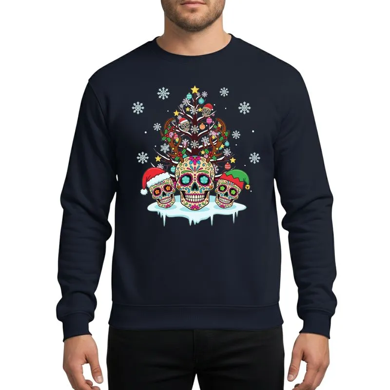 Holiday Art Lovers' Whimsical Dia de los Muertos Christmas Tree Sugar Skulls Reindeer Antlers Santa Elf Hats Sweatshirt - 1
