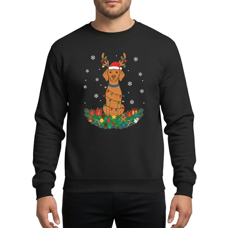 Vizsla Dog Lovers' Cheerful Brown-Orange Vizsla Reindeer Antlers Santa Hat Festive Christmas Garland Ornaments Snowflakes Sweatshirt - 1