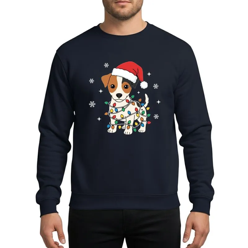 Dog Lovers' Adorable Jack Russell Christmas Puppy with Festive Lights & Red Santa Hat Design Sweatshirt - 1