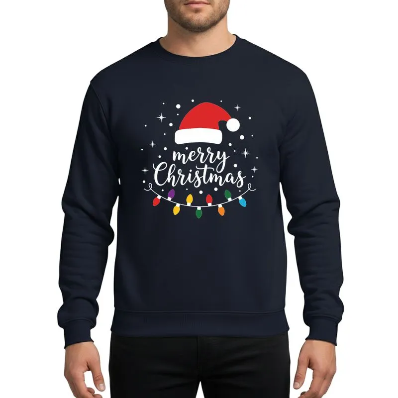 Family Holiday Enthusiasts' Whimsical Red Santa Hat Merry Christmas Text Rainbow Lights Falling Snow Sweatshirt - 1