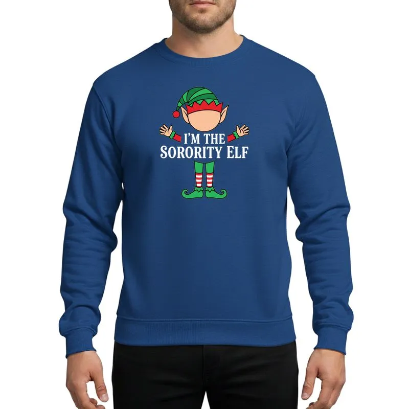 Sorority Sisters' Festive Cartoon Elf Bright Green Red White Striped Hat Legs Arms 'I'M THE SORORITY ELF' Sweatshirt - 1