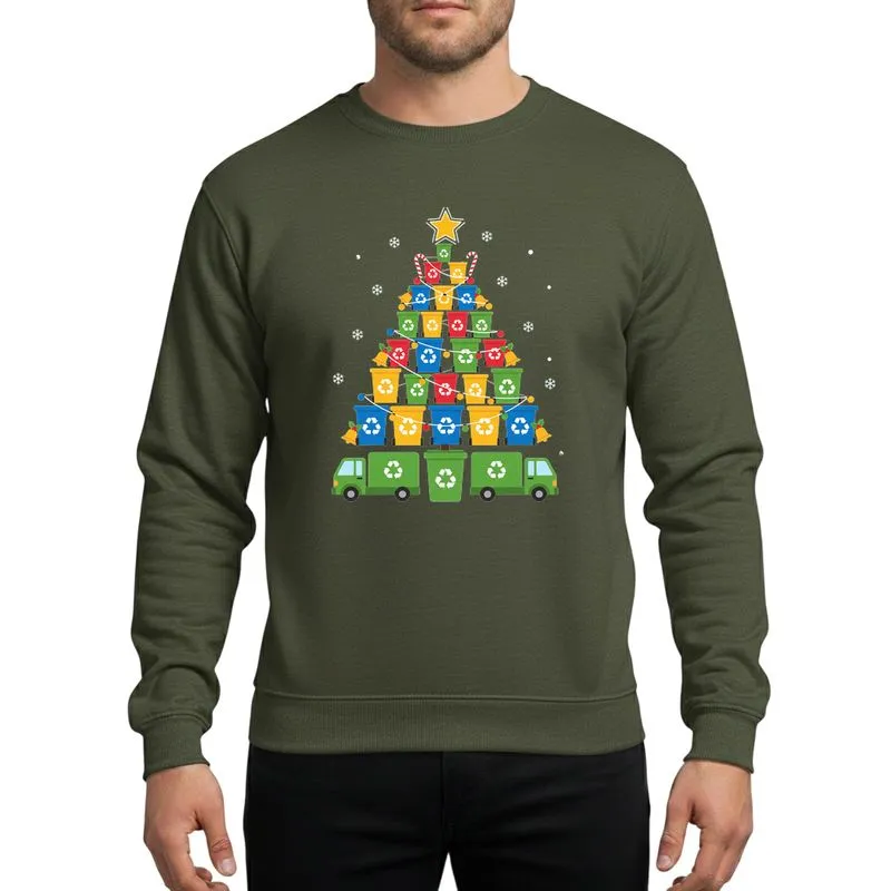 Kids' & Truck Lovers' Whimsical Recycling Bin Christmas Tree Festive Flat Art Sweatshirt - 1