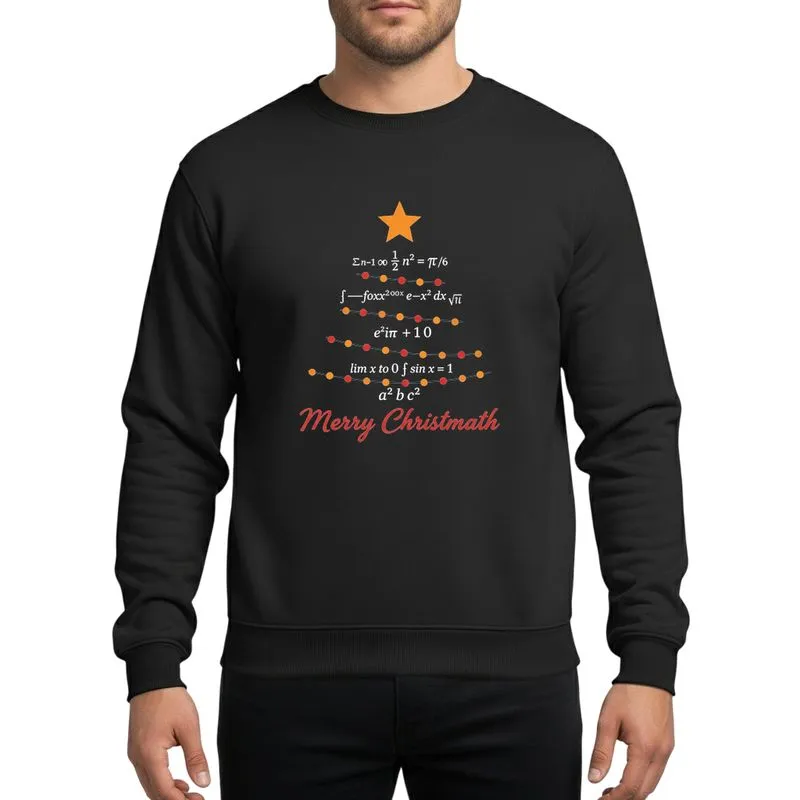 Math Teacher Minimalist Green Christmas Tree with White Math Equation Design, Yellow Star, Red Orange Yellow Lights, Merry Christmath Script Sweatshirt - 1