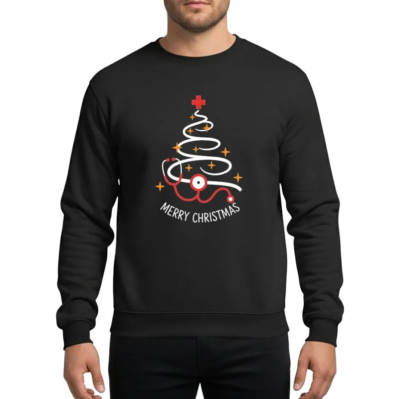 Women's Nurses Whimsical Red Stethoscope Christmas Tree White Garland Medical Cross Yellow Stars Merry Christmas Text Sweatshirt - 1