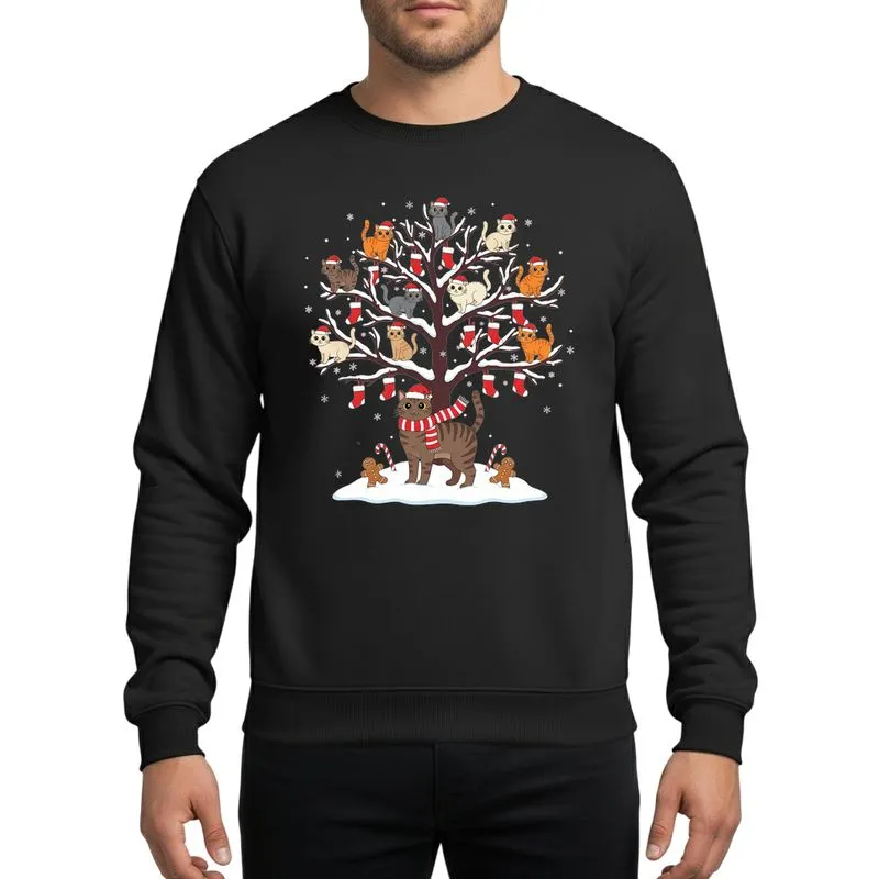Cat Lovers' Whimsical Winter Snow Tree Cats Red Santa Hats Gingerbread Candy Cane Scene Sweatshirt - 1