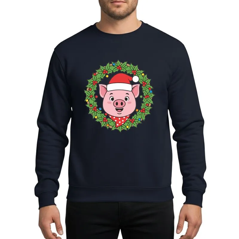 Pig Lovers' Christmas Whimsical Pink Pig Portrait, Red Santa Hat, Holly Wreath, Colorful Lights Sweatshirt - 1