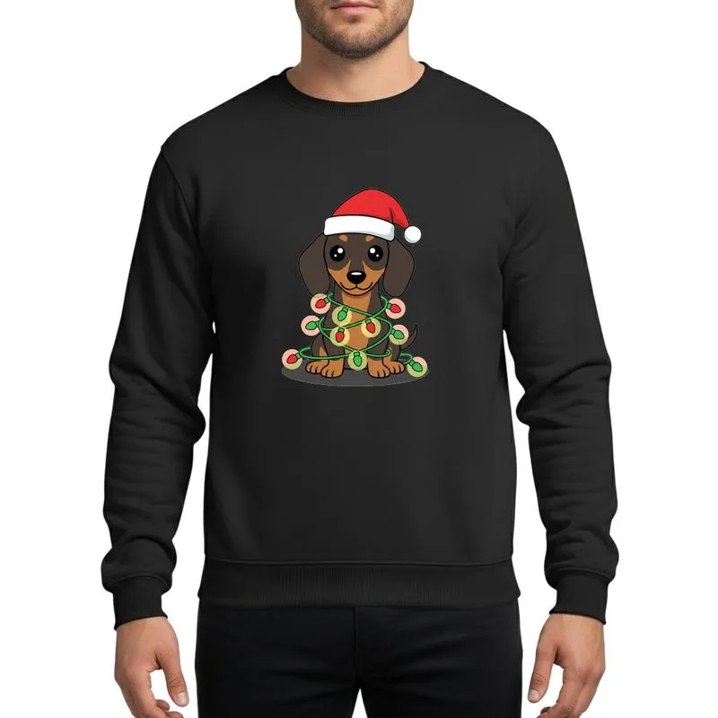 Dachshund Lovers' Whimsical Brown Dachshund Red Santa Hat Green Red Christmas Lights Design Sweatshirt - 1