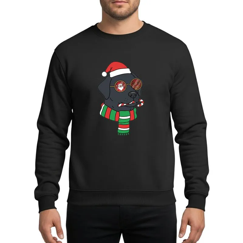 Black Labrador Lovers Playful Cartoon Black Lab Santa Hat Red Green Scarf Santa Reindeer Reflections Sweatshirt - 1