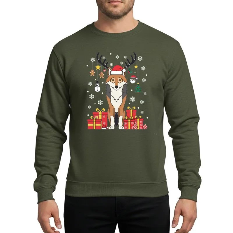 Wolf Lovers' Majestic Wolf with Santa Hat Reindeer Antlers Festive Red Gold Green Gifts Sweatshirt - 1
