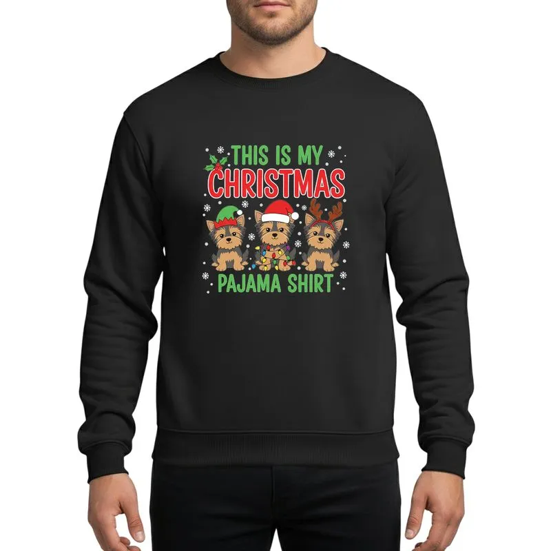 Yorkie Dog Lovers' Whimsical Christmas Yorkshire Terrier Elf Santa Reindeer Hats Bright Green Red Holly Lights Snowflakes Sweatshirt - 1