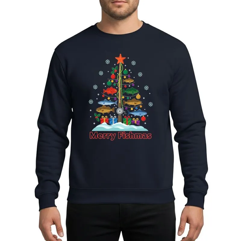 Fisherman's Vibrant Flat-Color Fishmas Tree: Rod, Reel, Mixed Fish, Starfish, Gifts Sweatshirt - 1