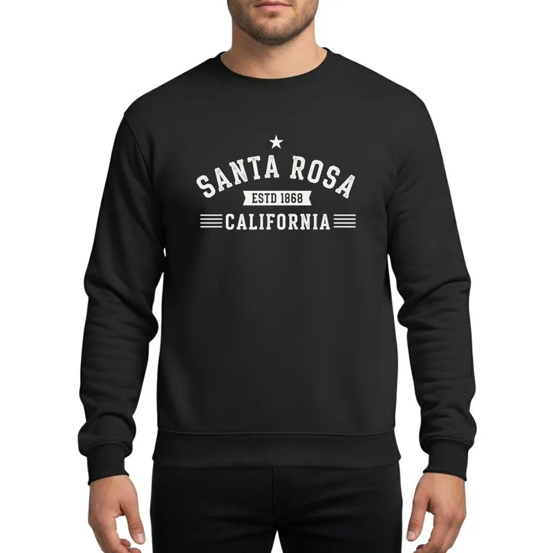 Santa Rosa & California Vintage Style Enthusiasts' White Distressed Typographic Arched Santa Rosa ESTD 1868 California Star Motif Sweatshirt - 1