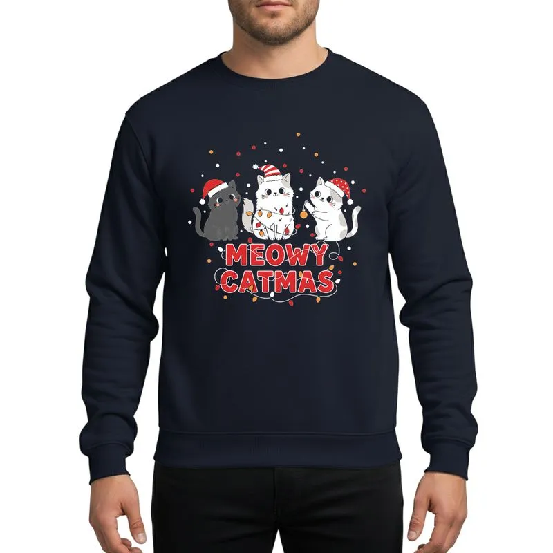 Cat Lovers' Whimsical Cartoon Christmas Cats Red Yellow Lights 'MEOWY CATMAS' Black Design Sweatshirt - 1