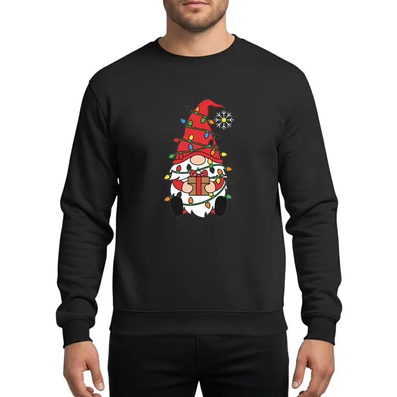 Family Holiday Whimsical Christmas Gnome holding Gift Box, wrapped in Colorful Flat String Lights with White Beard, Red Hat & Snowflake Sweatshirt - 1