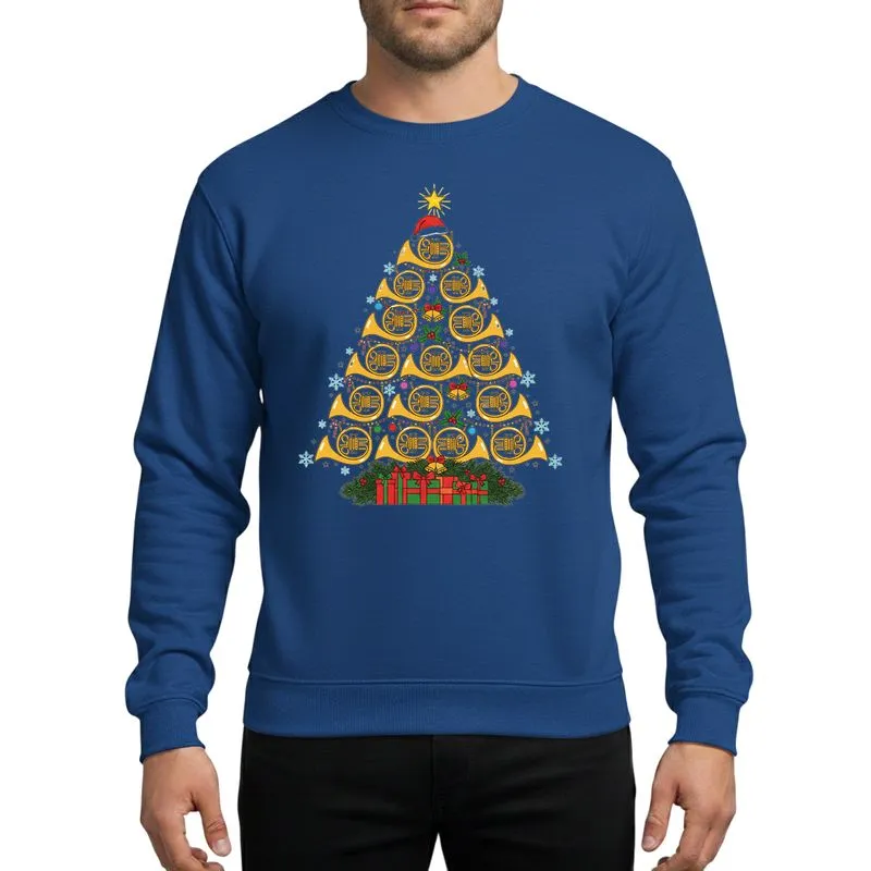 French Horn Lovers' Golden French Horn Christmas Tree, Santa Hat, Holly, Festive Ornaments & Gifts Sweatshirt - 1