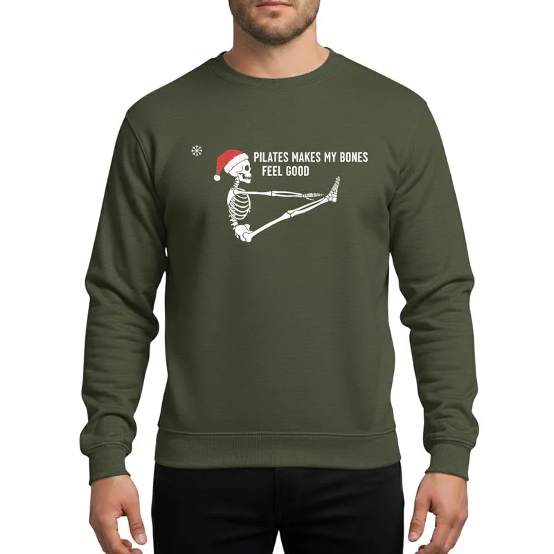 Pilates Enthusiasts' Whimsical White Skeleton Teaser Pose Red Santa Hat Festive Quote Design Sweatshirt - 1