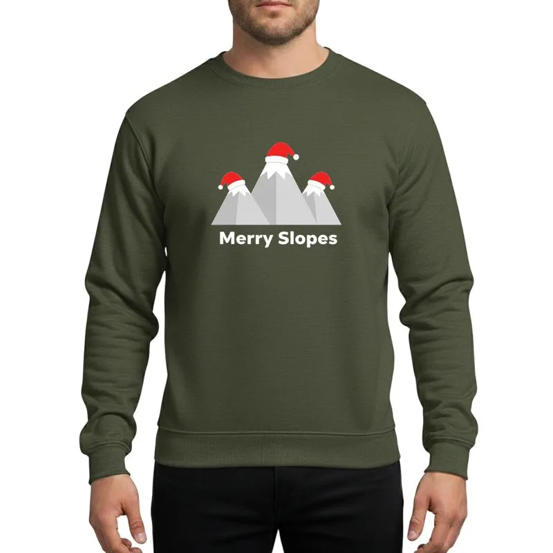Climbers & Hikers' Geometric Grey Mountains Red Santa Hats White Merry Slopes Sweatshirt - 1