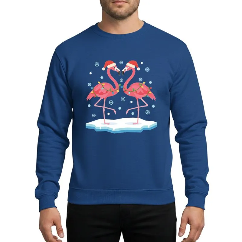 Holiday Celebration Fans' Whimsical Pink Flamingo Pair in Santa Hats & Christmas Lights on Icy Snowfall Sweatshirt - 1