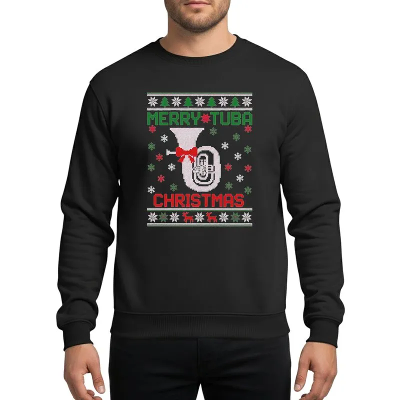 Holiday Music Lovers' Pixelated Fair Isle Knit Red Green White Tuba Bow Snowflake Reindeer Christmas Pattern Sweatshirt - 1