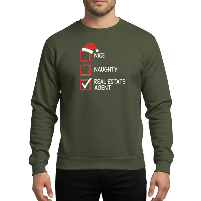 Real Estate Agents Festive Hand-Drawn Nice Naughty List, Red Checkboxes, Santa Hat, White Typographic Design Sweatshirt - 1