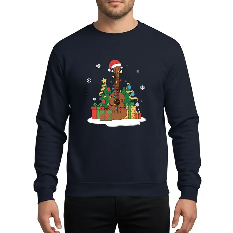Music Lover's Festive Brown Ukulele, Rainbow Christmas Lights, Santa Hat, Colorful Gift Boxes & Snowflakes Art Sweatshirt - 1
