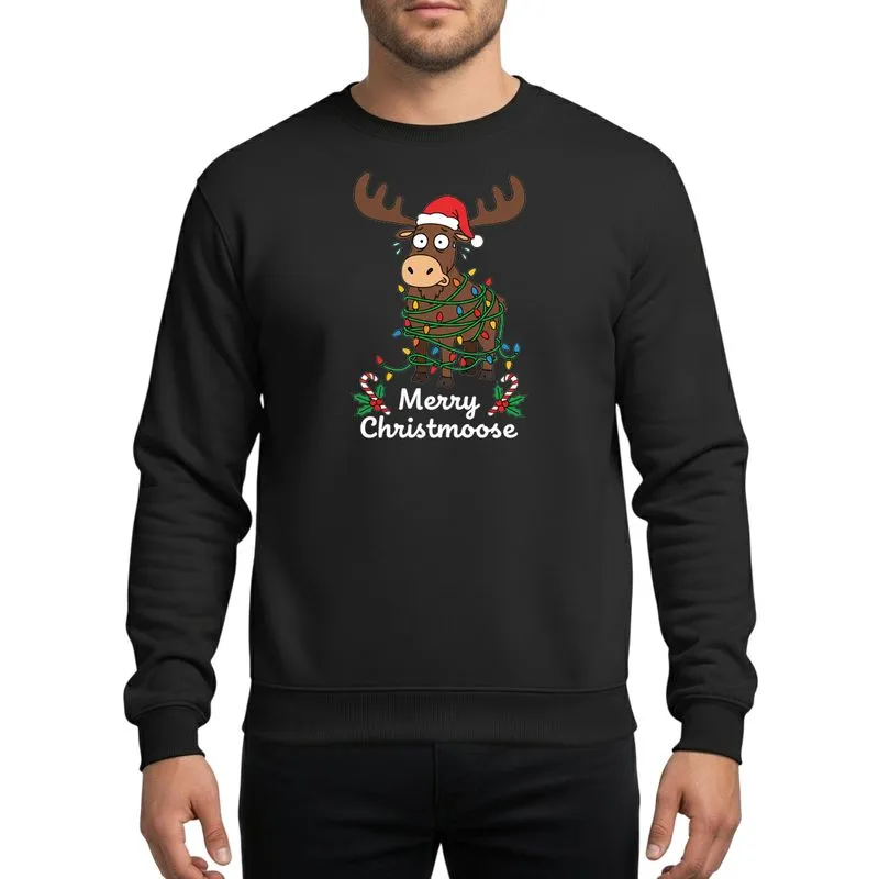 Christmas Humor Fans Comically Tangled Brown Moose Multi-Color Lights Red Santa Hat Merry Christmoose Sweatshirt - 1
