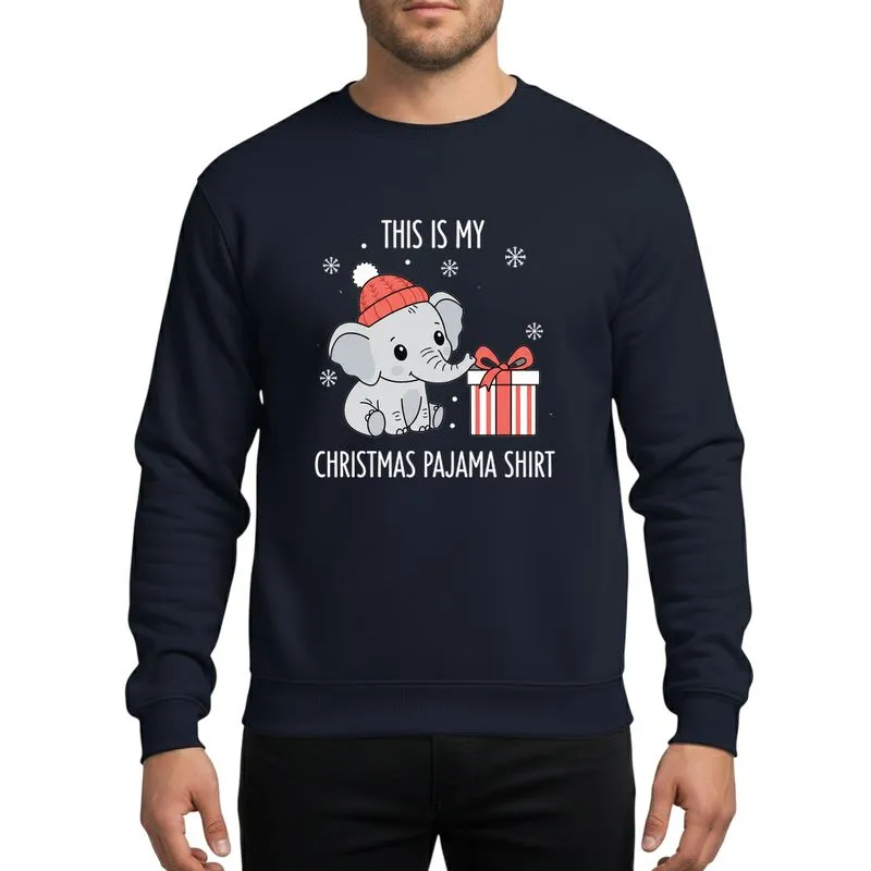 Holiday Animal Lovers' Whimsical Light Grey Baby Elephant Coral Red Knit Beanie White Snowflakes Red Gift Box Illustration Sweatshirt - 1