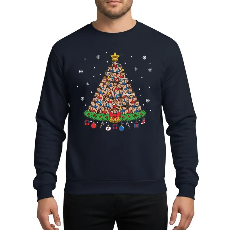 Wrestling Fan's Cartoon Grappler Christmas Tree Red Blue Gold Lights Candy Canes Sweatshirt - 1