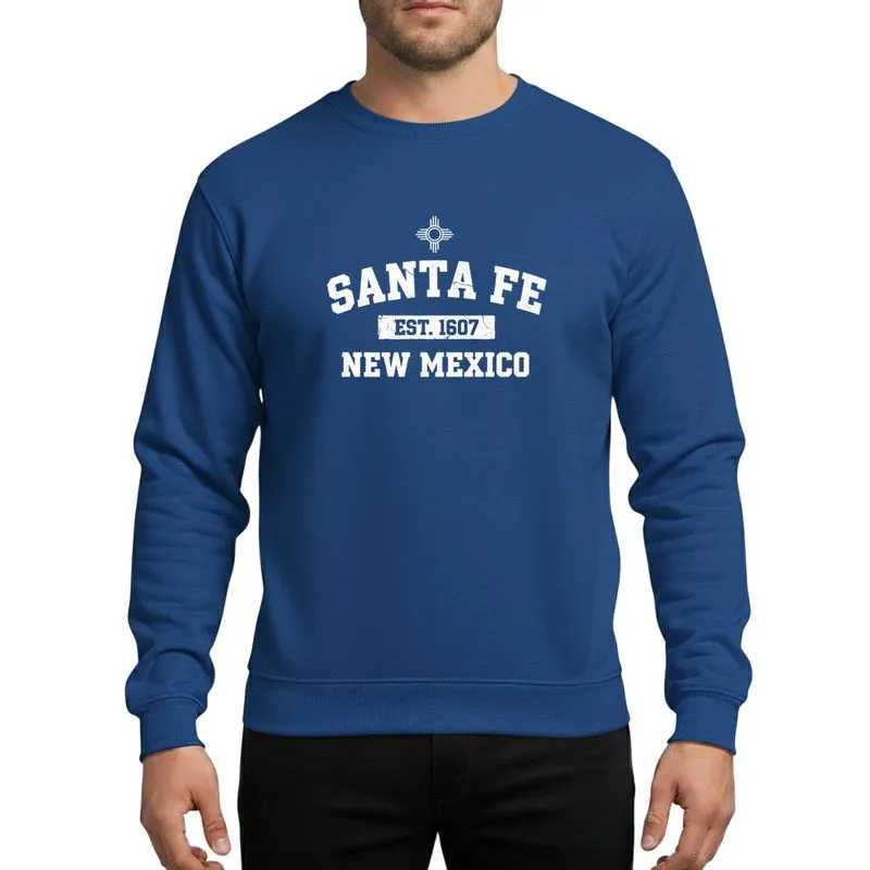 Southwestern Style Enthusiasts' Distressed White Santa Fe New Mexico Collegiate Typography Zia Sun Sweatshirt - 1
