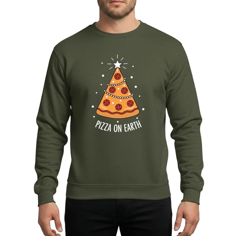 Holiday Foodies' Whimsical Pizza Christmas Tree, Golden Yellow Cheese, Red Pepperoni Ornaments, White Star, 'Pizza On Earth' Script Sweatshirt - 1