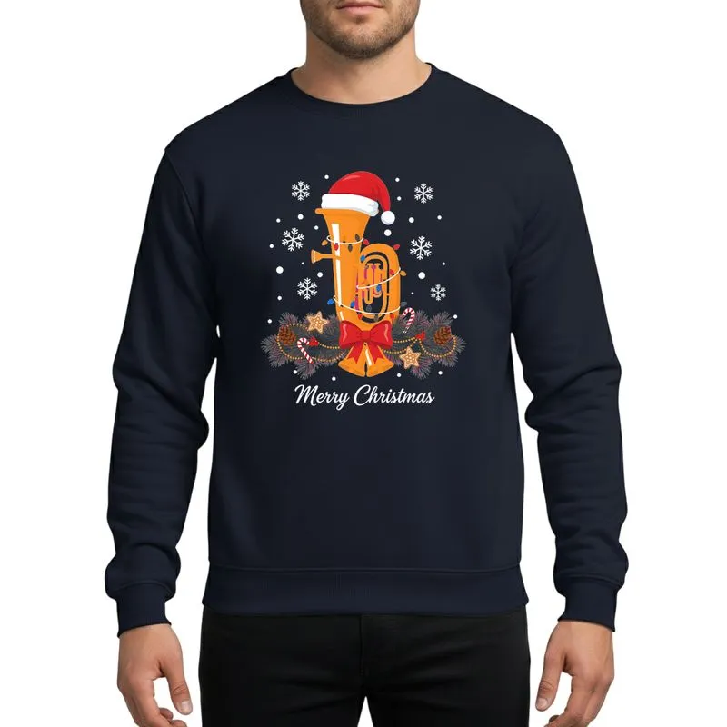 Tuba Music Lovers' Crisp Vector Bright Yellow Tuba Red Santa Hat Colorful Lights Snowy Pine Garland Gold Bells & Merry Christmas Sweatshirt - 1
