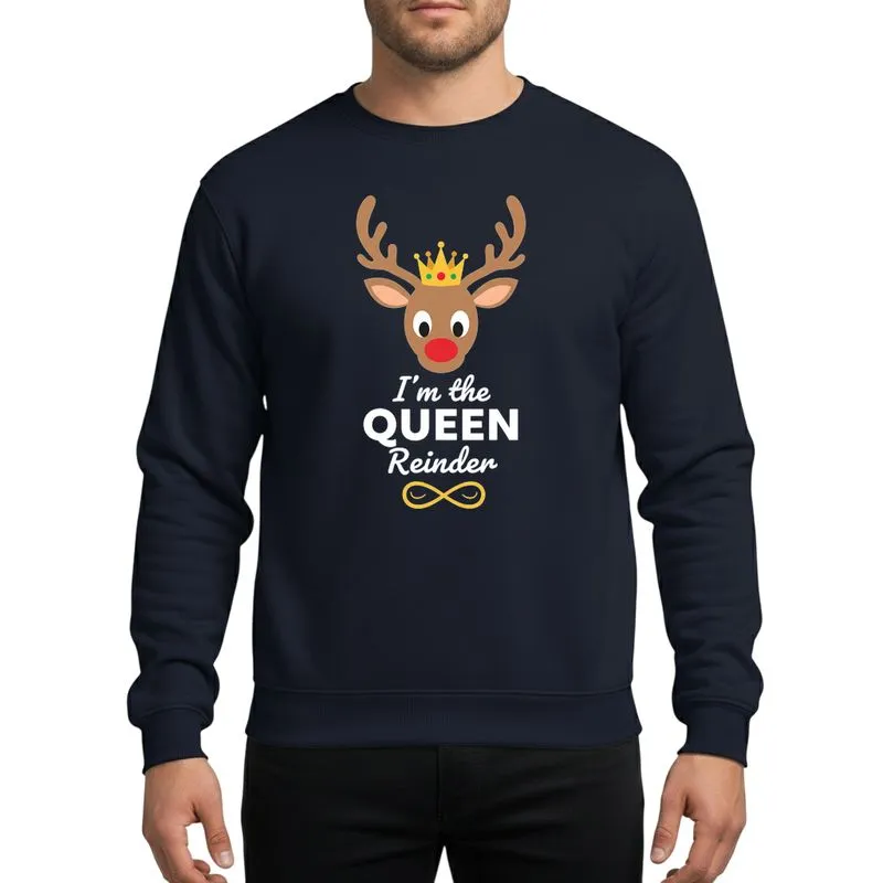 Women's Festive Christmas Whimsical Red-Nosed Reindeer with Golden Crown, Bold 'I'm the QUEEN Reindeer' Text Sweatshirt - 1