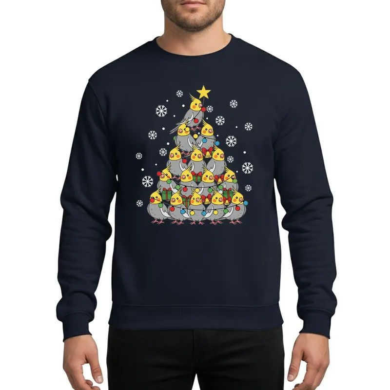 Bird Lovers & Christmas Fans' Whimsical Grey Cockatiel Christmas Tree Stack Festive Yellow Star Colorful Lights Snowy Flat Art Sweatshirt - 1