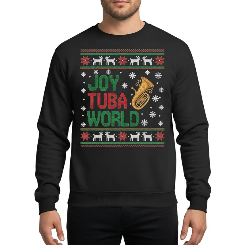 Musician Christmas Fan Ugly Sweater Style JOY TUBA WORLD Knit Red Green Golden Tuba Reindeer Black Sweatshirt - 1