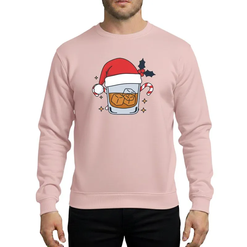 Whiskey Lovers' Bold Illustrative Festive Whiskey Glass, Bright Red Santa Hat, Green Holly, Striped Candy Canes, Gold Stars Sweatshirt - 1